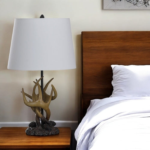 26" Natural And Brown Antlers Table Lamp With White Shade